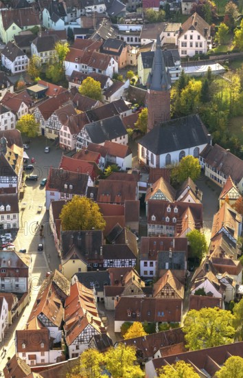 Old Town with half-timbered houses, Old Tower, Ottweiler, Saarland, Germany, Europe, aerial view, birds-eyes view, aerial photography, aerial photography, overview, bird's eye view