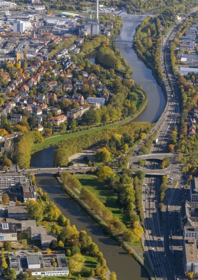 Roundabout BismarckbrückeSaar, Saar Island, Saarbrücken, Saarland, Germany, Europe, aerial view, birds-eyes view, aerial photography, aerial photography, overview, bird's eye view, state capital