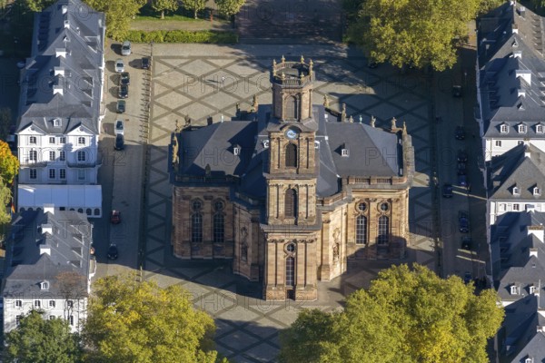 Baroque Ludwigskirche, Ludwigsplatz, Saarbrücken, Saarland, Germany, Europe, aerial view, birds-eyes view, aerial photograph, aerial photography, aerial photography, overview, bird's eye view, state capital