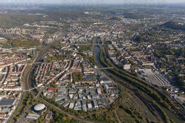 Breitenbacher Platz, Saarbrücken view from west, Saarbrücken, Saarland, Germany, Europe, aerial view, birds-eyes view, aerial photograph, aerial photography, aerial photography, overview, bird's eye view, state capital