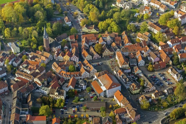 Old Town with half-timbered houses, Old Tower, Ottweiler, Saarland, Germany, Europe, aerial view, birds-eyes view, aerial photography, aerial photography, overview, bird's eye view