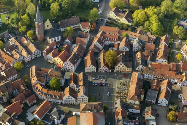 Old Town with half-timbered houses, Old Tower, Ottweiler, Saarland, Germany, Europe, aerial view, birds-eyes view, aerial photography, aerial photography, overview, bird's eye view
