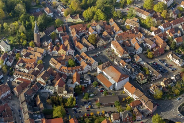 Old Town with half-timbered houses, Old Tower, Ottweiler, Saarland, Germany, Europe, aerial view, birds-eyes view, aerial photography, aerial photography, overview, bird's eye view