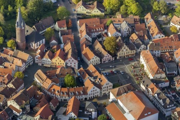 Old Town with half-timbered houses, Old Tower, Ottweiler, Saarland, Germany, Europe, aerial view, birds-eyes view, aerial photography, aerial photography, overview, bird's eye view