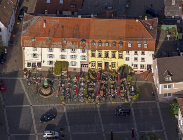 Old town with half-timbered houses, gastronomy, outdoor gastronomy, market place, Ottweiler, Saarland, Germany, Europe, aerial view, birds-eyes view, aerial photography, aerial photography, overview, overview, bird's eye view