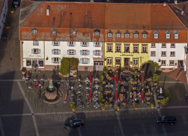 Old town with half-timbered houses, gastronomy, outdoor gastronomy, market place, Ottweiler, Saarland, Germany, Europe, aerial view, birds-eyes view, aerial photography, aerial photography, overview, overview, bird's eye view