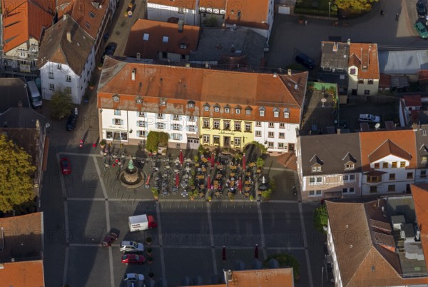 Old town with half-timbered houses, gastronomy, outdoor gastronomy, market place, Ottweiler, Saarland, Germany, Europe, aerial view, birds-eyes view, aerial photography, aerial photography, overview, overview, bird's eye view