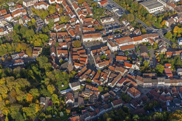 Old Town with half-timbered houses, Old Tower, Ottweiler, Saarland, Germany, Europe, aerial view, birds-eyes view, aerial photography, aerial photography, overview, bird's eye view