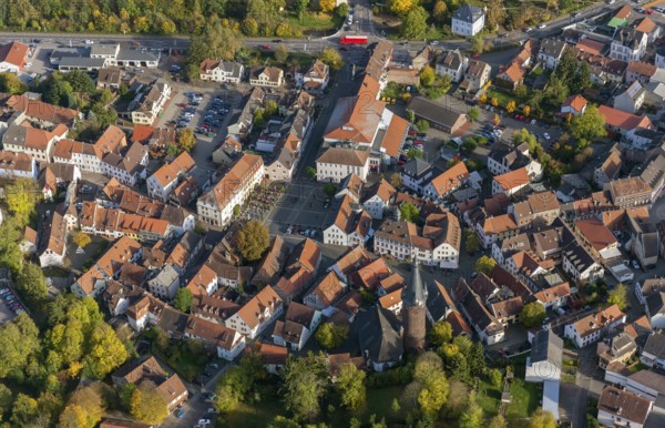 Old Town with half-timbered houses, Old Tower, Ottweiler, Saarland, Germany, Europe, aerial view, birds-eyes view, aerial photography, aerial photography, overview, bird's eye view