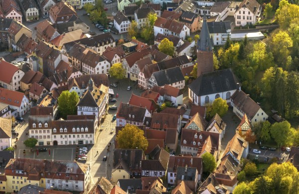 Old Town with half-timbered houses, Old Tower, Ottweiler, Saarland, Germany, Europe, aerial view, birds-eyes view, aerial photography, aerial photography, overview, bird's eye view