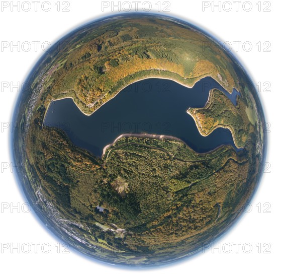 Nonnweiler reservoir, dam Primstalsperre Nonnweiler, Nonnweiler, Saarland, Germany, Europe, aerial view, birds-eyes view, aerial photography, aerial photography, overview, bird's eye view, fisheye lens, fisheye-lens