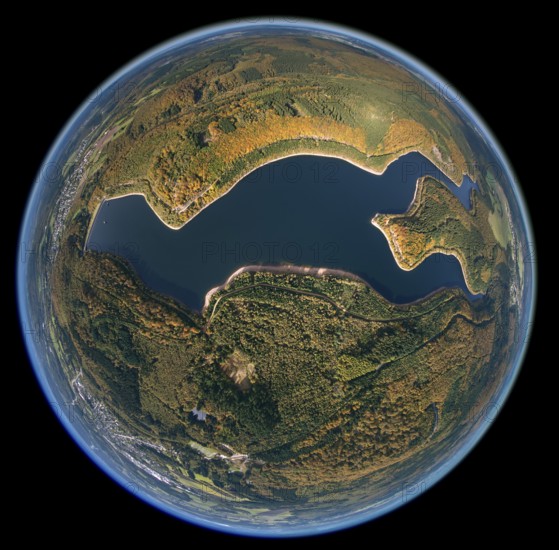 Nonnweiler reservoir, dam Primstalsperre Nonnweiler, Nonnweiler, Saarland, Germany, Europe, aerial view, birds-eyes view, aerial photography, aerial photography, overview, bird's eye view, fisheye lens, fisheye-lens