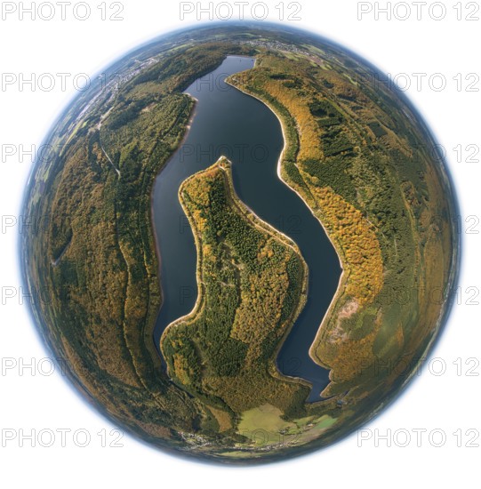 Nonnweiler reservoir, dam Primstalsperre Nonnweiler, Züsch, Saarland, Rhineland-Palatinate, Germany, Europe, aerial photo, birds-eyes view, aerial photography, aerial photography, overview, bird's eye view, fisheye lens, fisheye-lens