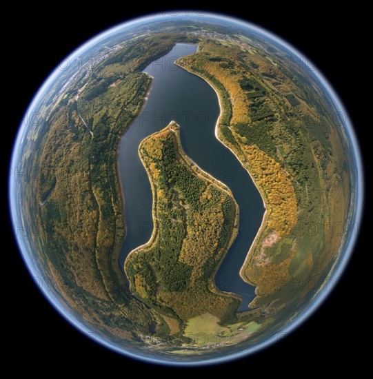 Nonnweiler reservoir, dam Primstalsperre Nonnweiler, Züsch, Saarland, Rhineland-Palatinate, Germany, Europe, aerial photo, birds-eyes view, aerial photography, aerial photography, overview, bird's eye view, fisheye lens, fisheye-lens
