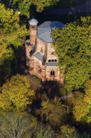Aerial view, old tower, oldest sacral building in Saarland, Mettlach, Saarland, Germany, Europe, birds-eyes view, aerial photography, aerial photography, overview, overview, bird's eye view