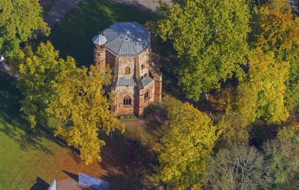 Aerial view, old tower, oldest sacral building in Saarland, Mettlach, Saarland, Germany, Europe, birds-eyes view, aerial photography, aerial photography, overview, overview, bird's eye view