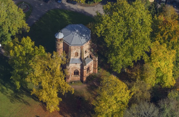 Aerial view, old tower, oldest sacral building in Saarland, Mettlach, Saarland, Germany, Europe, birds-eyes view, aerial photography, aerial photography, overview, overview, bird's eye view