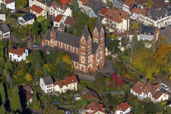 Aerial photo, parish church of St Lutwinus, Mettlach, Saarland, Germany, Europe, birds-eyes view, aerial view, aerial photography, aerial photography, overview, bird's eye view