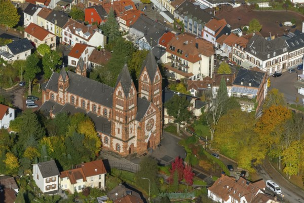 Aerial photo, parish church of St Lutwinus, Mettlach, Saarland, Germany, Europe, birds-eyes view, aerial view, aerial photography, aerial photography, overview, bird's eye view