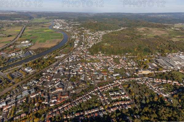 Aerial view, Church of St Peter, late Romanesque basilica with three naves, Merzig, Saarland, Germany, Europe, birds-eyes view, aerial photography, aerial photography, overview, bird's eye view