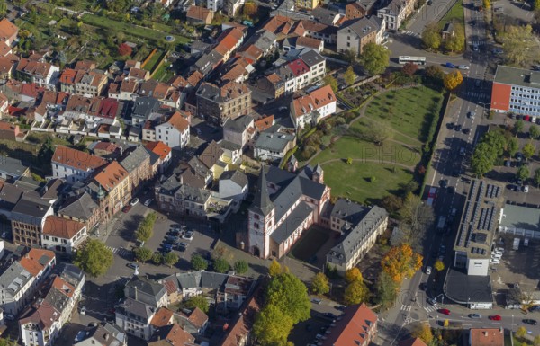 Aerial view, Church of St Peter, late Romanesque basilica with three naves, Merzig, Saarland, Germany, Europe, birds-eyes view, aerial photography, aerial photography, overview, bird's eye view