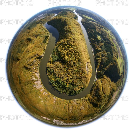 Aerial photo, Saarschleife, Saar, Montclair Castle, Taben-Rodt, Saarland, Rhineland-Palatinate, Germany, Europe, birds-eyes view, aerial photography, aerial photography, overview, bird's eye view, fisheye lens, fisheyelens