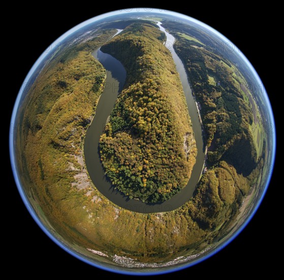 Aerial photo, Saarschleife, Saar, Montclair Castle, Taben-Rodt, Saarland, Rhineland-Palatinate, Germany, Europe, birds-eyes view, aerial photography, aerial photography, overview, bird's eye view, fisheye lens, fisheyelens