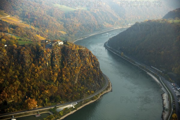 The Loreley, Lorelei, slate cliffs in the UNESCO World Heritage Upper Middle Rhine Valley near Sankt Goarshausen, Rhine Valley, Rhine, inland navigation, Rhine meanders, shallows, autumn leaves, Sankt Goar, Rhineland-Palatinate, Germany, Europe, aerial view, birds-eyes view, aerial photography, aerial photography, overview, bird's eye view