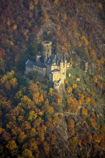 Burg Katz in the Rhine Valley, Rhine near St.Goarshausen, Sankt Goar, Rhine Valley, Rhineland-Palatinate, Germany, Europe, aerial view, birds-eyes view, aerial photography, aerial photography, overview, bird's eye view