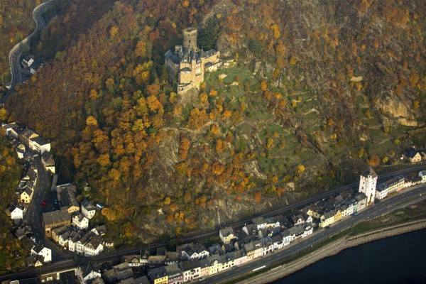 Burg Katz in the Rhine Valley, Rhine near St.Goarshausen, Sankt Goar, Rhine Valley, Rhineland-Palatinate, Germany, Europe, aerial view, birds-eyes view, aerial photography, aerial photography, overview, bird's eye view
