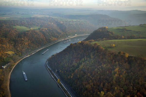 Rhine valley with colourful vineyards near St.Goarshausen, inland navigation, Sankt Goarshausen, Rhine valley, Rhineland-Palatinate, Germany, Europe, aerial view, birds-eyes view, aerial photography, aerial photography, aerial photography, overview, bird's eye view