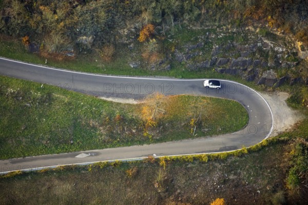 Serpentine roads in the vineyards of Oberwesel near Loreley, Rhine valley, Rhine wine, colourful vine leaves, Golden October, Oberwesel, Rhine-Hunsrück district, Rhineland-Palatinate, Germany, Europe, aerial view, birds-eyes view, aerial photography, aerial photography, overview, bird's eye view