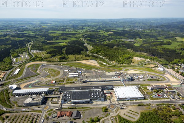 Nürburgring race track race track in spring, pit lane, race track, Nordschleife, Nürburgring Grand Prix circuit, Ahrweiler district, Nürburg, Eifel, Rhineland-Palatinate, Germany, Europe, aerial photo, birds-eyes view, aerial photography, aerial photography, overview, bird's eye view