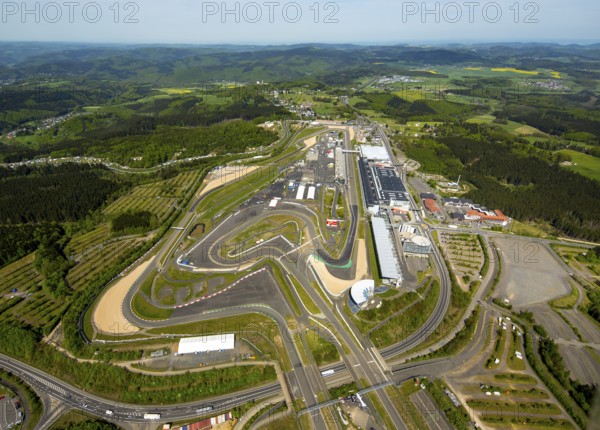 Nürburgring race track race track in spring, pit lane, race track, Nordschleife, Nürburgring Grand Prix circuit, Ahrweiler district, Nürburg, Eifel, Rhineland-Palatinate, Germany, Müllenbach, Europe, aerial photo, birds-eyes view, aerial photograph, aerial photography, aerial photography, overview, bird's eye view