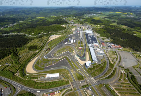 Nürburgring race track race track in spring, pit lane, race track, Nordschleife, Nürburgring Grand Prix circuit, Ahrweiler district, Nürburg, Eifel, Rhineland-Palatinate, Germany, Müllenbach, Europe, aerial photo, birds-eyes view, aerial photograph, aerial photography, aerial photography, overview, bird's eye view