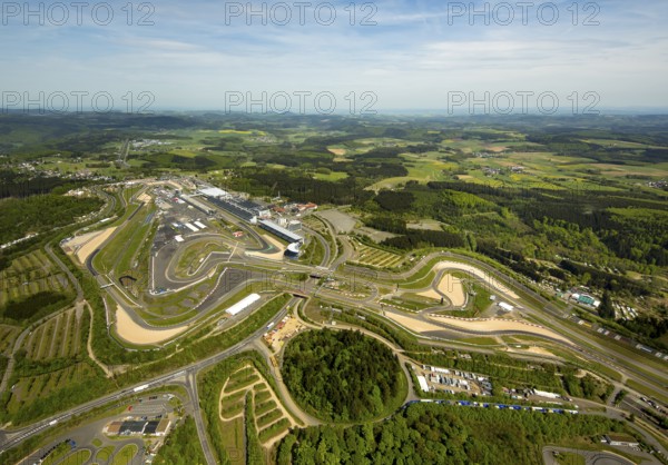 Nürburgring race track race track in spring, pit lane, race track, Nordschleife, Nürburgring Grand Prix circuit, Ahrweiler district, Nürburg, Eifel, Rhineland-Palatinate, Germany, Müllenbach, Europe, aerial photo, birds-eyes view, aerial photograph, aerial photography, aerial photography, overview, bird's eye view