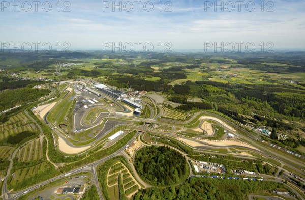 Nürburgring race track race track in spring, pit lane, race track, Nordschleife, Nürburgring Grand Prix circuit, Ahrweiler district, Nürburg, Eifel, Rhineland-Palatinate, Germany, Europe, aerial photo, birds-eyes view, aerial photography, aerial photography, overview, bird's eye view
