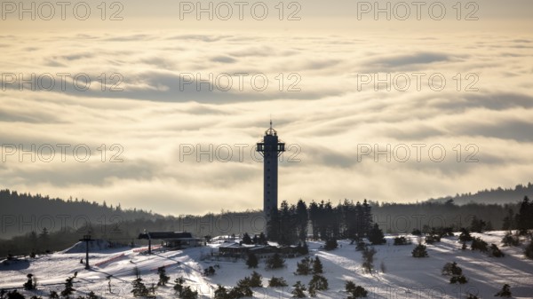 The Effelsberg, ski paradise in the Hochsauerland near Willingen with a view of a closed cloud cover, Willingen, Sauerland, North Rhine-Westphalia, Germany, Europe, aerial view, birds-eyes view, aerial photography, aerial photography, overview, bird's eye view