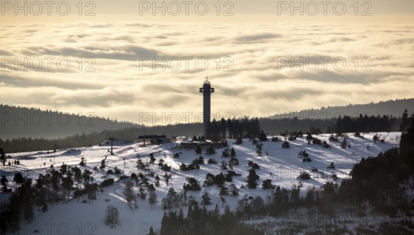 The Effelsberg, ski paradise in the Hochsauerland near Willingen with a view of a closed cloud cover, Willingen, Sauerland, North Rhine-Westphalia, Germany, Olsberg, Europe, aerial photograph, birds-eyes view, aerial photography, aerial photography, overview, bird's eye view