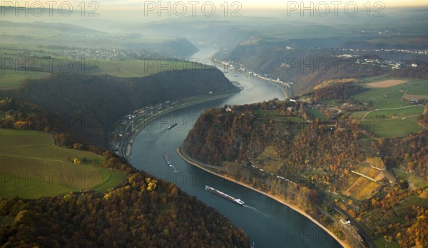 The Loreley, Lorelei, slate cliffs in the UNESCO World Heritage Upper Middle Rhine Valley near Sankt Goarshausen, Rhine Valley, Rhine, inland navigation, Rhine meanders, shallows, autumn leaves, Sankt Goar, Rhineland-Palatinate, Germany, Oberwesel, Europe, aerial view, birds-eyes view, aerial photography, aerial photography, overview, overview, bird's eye view