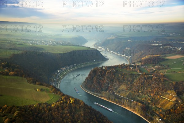 The Loreley, Lorelei, slate cliffs in the UNESCO World Heritage Upper Middle Rhine Valley near Sankt Goarshausen, Rhine Valley, Rhine, inland navigation, Rhine meanders, shallows, autumn leaves, Sankt Goar, Rhineland-Palatinate, Germany, Oberwesel, Europe, aerial view, birds-eyes view, aerial photography, aerial photography, overview, overview, bird's eye view