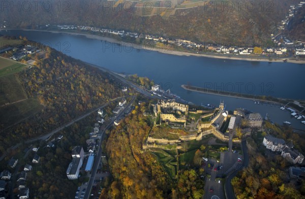 Burg Rheinfels St.Goar with excursion boat, Rhine, Rhine Valley, Sankt Goar, Rhineland-Palatinate, Germany, Europe, aerial view, birds-eyes view, aerial photography, aerial photography, overview, bird's eye view