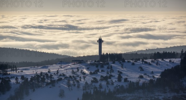 The Effelsberg, ski paradise in the Hochsauerland near Willingen with a view of a closed cloud cover, Willingen, Sauerland, North Rhine-Westphalia, Germany, Olsberg, Europe, aerial photograph, birds-eyes view, aerial photography, aerial photography, overview, bird's eye view