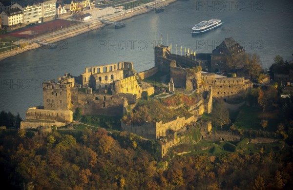 Burg Rheinfels St.Goar with excursion boat, Rhine, Rhine Valley, Sankt Goar, Rhineland-Palatinate, Germany, Europe, aerial view, birds-eyes view, aerial photography, aerial photography, overview, bird's eye view