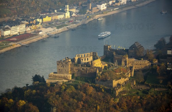 Burg Rheinfels St.Goar with excursion boat, Rhine, Rhine Valley, Sankt Goar, Rhineland-Palatinate, Germany, Europe, aerial view, birds-eyes view, aerial photography, aerial photography, overview, bird's eye view