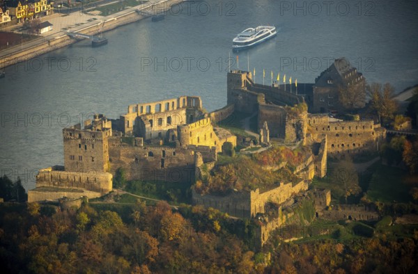Burg Rheinfels St.Goar with excursion boat, Rhine, Rhine Valley, Sankt Goar, Rhineland-Palatinate, Germany, Europe, aerial view, birds-eyes view, aerial photography, aerial photography, overview, bird's eye view