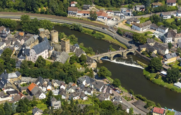Runkel Castle with Lahn and Lahn bridge, ruins of a medieval hilltop castle in the town of Runkel, Runkel, Lahnkreis, Hesse, Germany, Europe, aerial view, bird's eye view, aerial photography, aerial photography, overview, bird's eye view