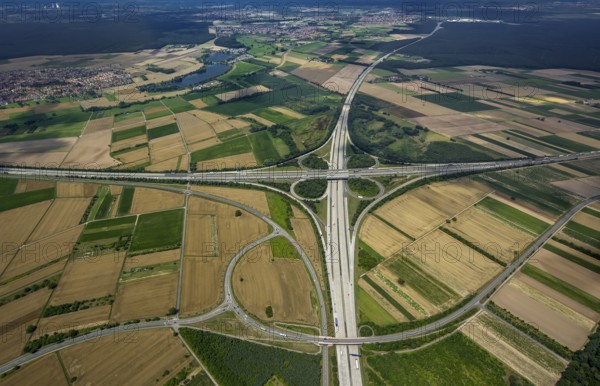 Motorway junction Walldorf, A5 and A6, cloverleaf, Sankt Leon-Rot, Baden-Württemberg, Germany, Europe, aerial view, birds-eyes view, aerial photography, aerial photography, overview, bird's eye view