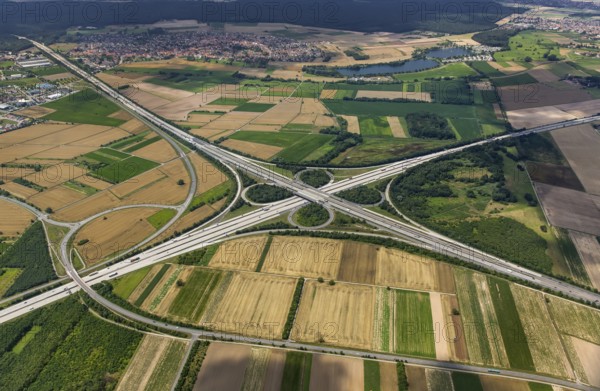 Motorway junction Walldorf, A5 and A6, cloverleaf, Walldorf, Baden-Württemberg, Germany, Europe, aerial photo, birds-eyes view, aerial photography, aerial photography, overview, bird's eye view