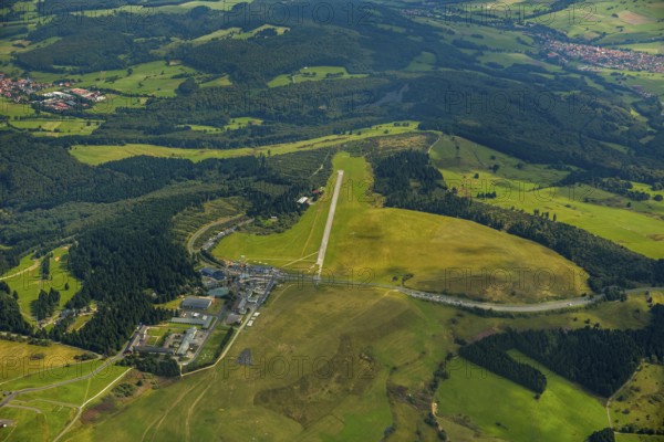 Gliding Centre, German Gliding Museum, Wasserkuppe in the Hessian district of Fulda, Poppenhausen (Wasserkuppe), Taunus, Hesse, Germany, Europe, aerial photo, birds-eyes view, aerial photograph, aerial photography, aerial photography, overview, bird's eye view